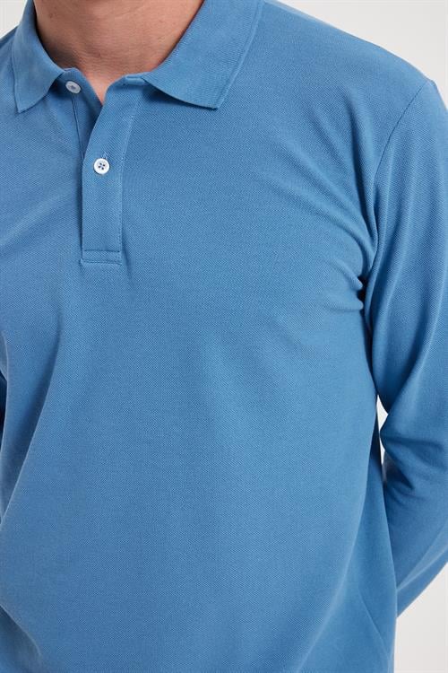 Erkek Standart Fit Rahat Kesim Pamuklu Yumuşak Dokulu Düz Pike Uzun Kollu İndigo Polo Yaka Tişört