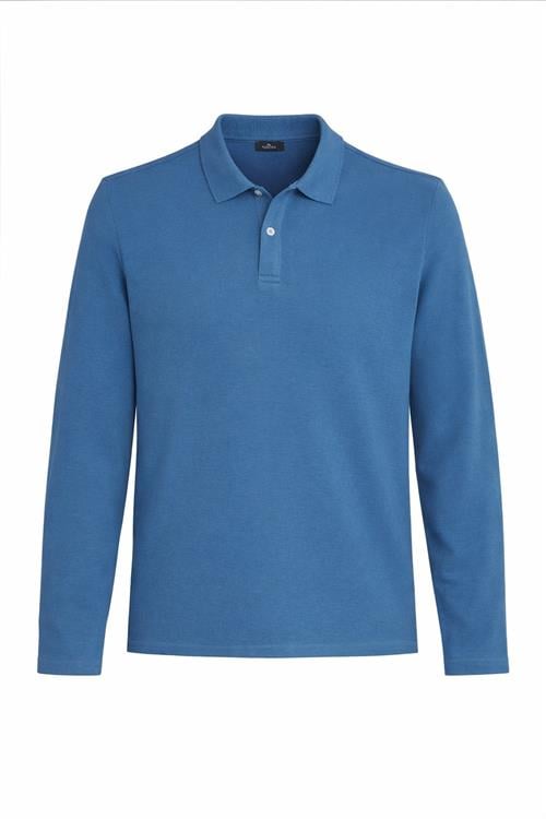 Erkek Standart Fit Rahat Kesim Pamuklu Yumuşak Dokulu Düz Pike Uzun Kollu İndigo Polo Yaka Tişört