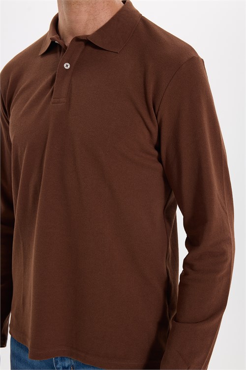 Erkek Standart Fit Rahat Kesim Pamuklu Yumuşak Dokulu Pike Kahverengi Polo Yaka Sweatshirt