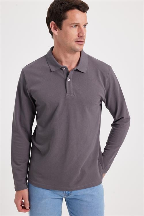 Erkek Standart Fit Rahat Kesim Pamuklu Yumuşak Dokulu Düz Pike Füme Polo Yaka Sweatshirt