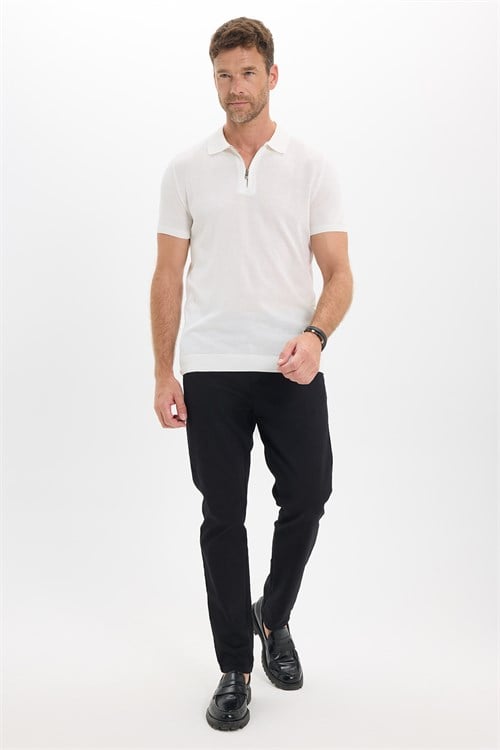 Erkek Slim Fit Dar Kesim %100 Pamuk Örme Triko Fermuarlı Beyaz Polo Yaka Tişört