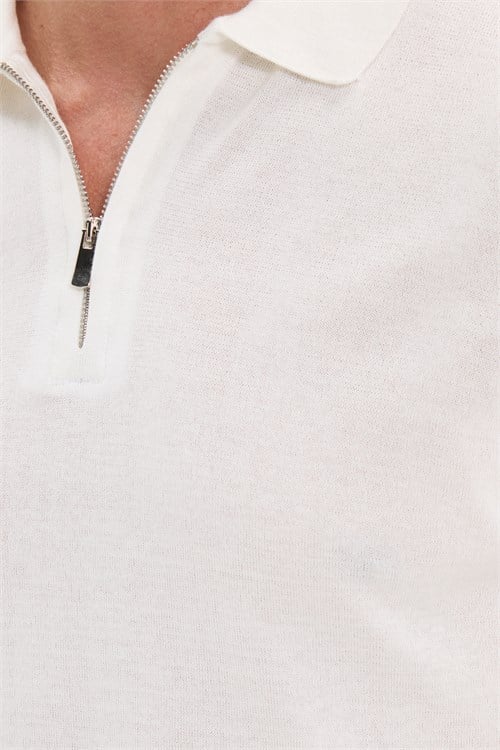 Erkek Slim Fit Dar Kesim %100 Pamuk Örme Triko Fermuarlı Beyaz Polo Yaka Tişört