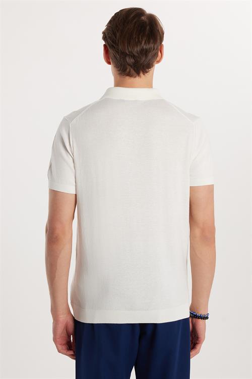Erkek Slim Fit Dar Kesim %100 Pamuk Örme Triko Fermuarlı Beyaz Polo Yaka Tişört