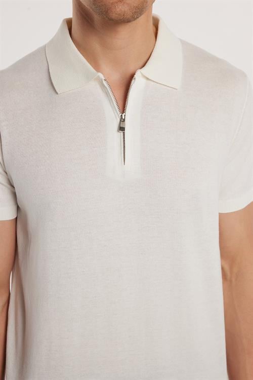 Erkek Slim Fit Dar Kesim %100 Pamuk Örme Triko Fermuarlı Beyaz Polo Yaka Tişört