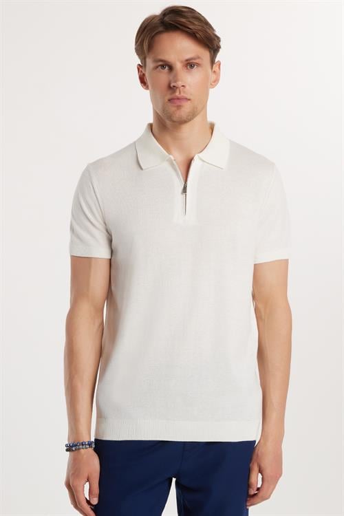 Erkek Slim Fit Dar Kesim %100 Pamuk Örme Triko Fermuarlı Beyaz Polo Yaka Tişört