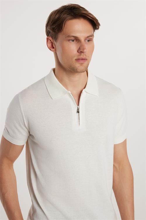 Erkek Slim Fit Dar Kesim %100 Pamuk Örme Triko Fermuarlı Beyaz Polo Yaka Tişört