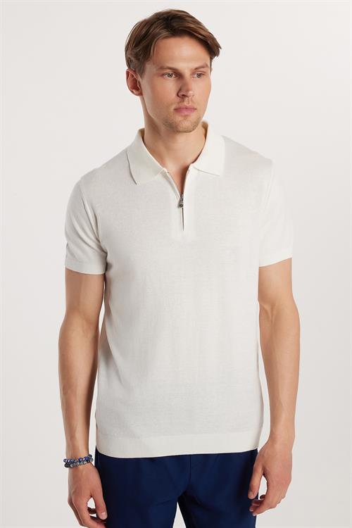 Erkek Slim Fit Dar Kesim %100 Pamuk Örme Triko Fermuarlı Beyaz Polo Yaka Tişört