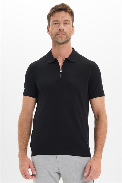 Erkek Slim Fit Dar Kesim %100 Pamuk Örme Triko Fermuarlı Siyah Polo Yaka Tişört