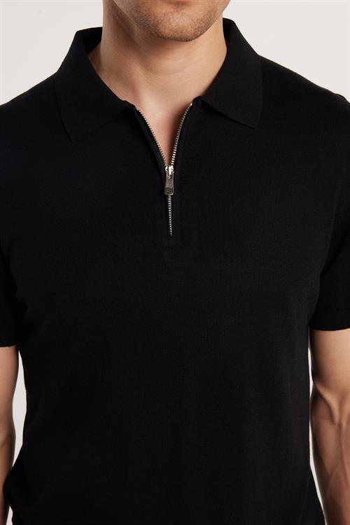 Erkek Slim Fit Dar Kesim %100 Pamuk Örme Triko Fermuarlı Siyah Polo Yaka Tişört