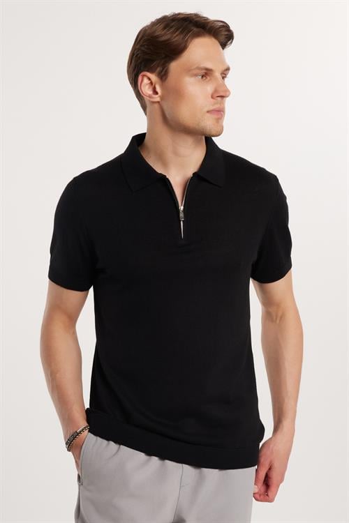 Erkek Slim Fit Dar Kesim %100 Pamuk Örme Triko Fermuarlı Siyah Polo Yaka Tişört