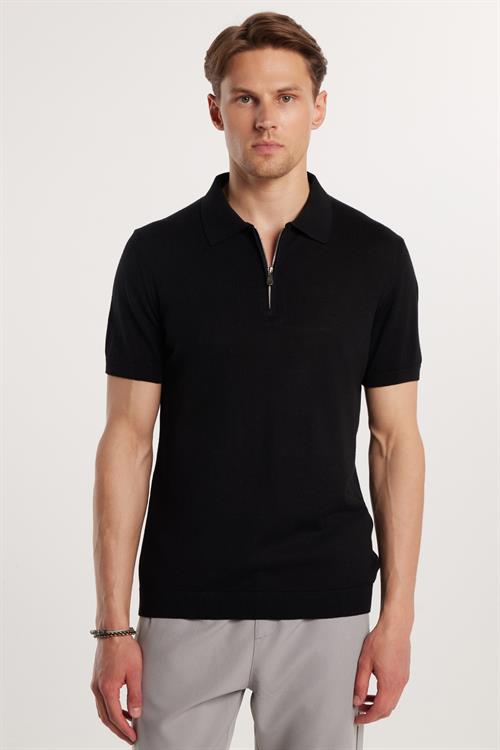 Erkek Slim Fit Dar Kesim %100 Pamuk Örme Triko Fermuarlı Siyah Polo Yaka Tişört