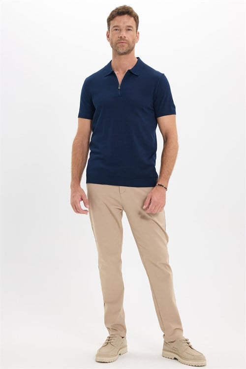 Erkek Slim Fit Dar Kesim %100 Pamuk Örme Triko Fermuarlı Lacivert Polo Yaka Tişört