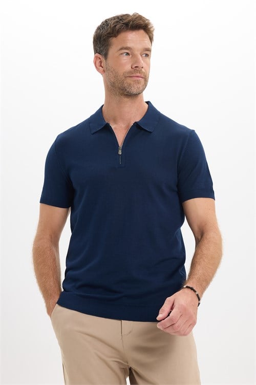 Erkek Slim Fit Dar Kesim %100 Pamuk Örme Triko Fermuarlı Lacivert Polo Yaka Tişört