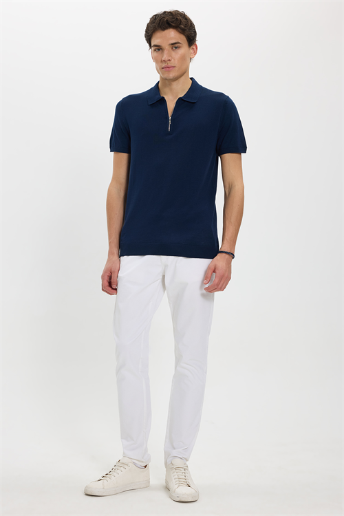 Erkek Slim Fit Dar Kesim %100 Pamuk Örme Triko Fermuarlı Lacivert Polo Yaka Tişört
