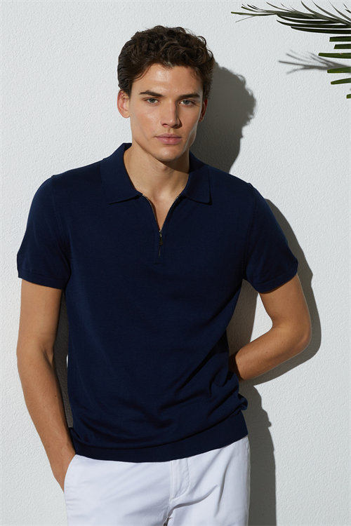 Erkek Slim Fit Dar Kesim %100 Pamuk Örme Triko Fermuarlı Lacivert Polo Yaka Tişört