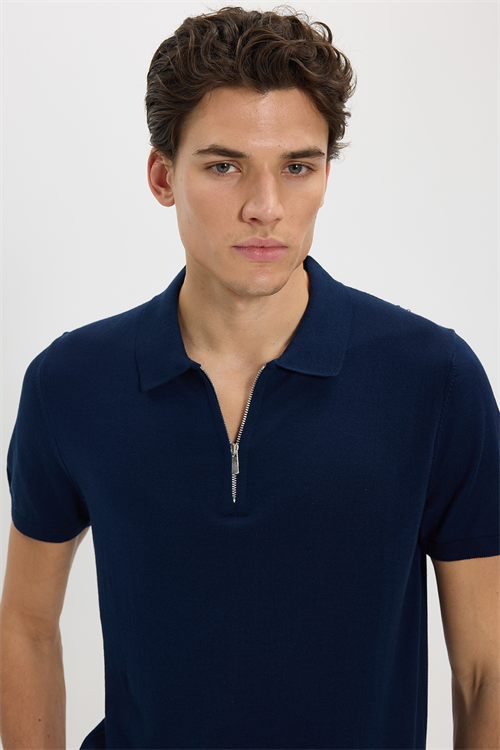 Erkek Slim Fit Dar Kesim %100 Pamuk Örme Triko Fermuarlı Lacivert Polo Yaka Tişört