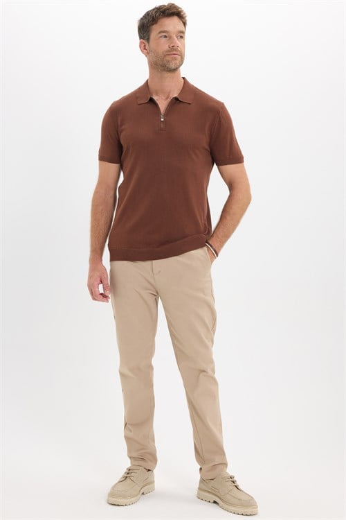 Erkek Slim Fit Dar Kesim %100 Pamuk Örme Triko Fermuarlı Kahverengi Polo Yaka Tişört