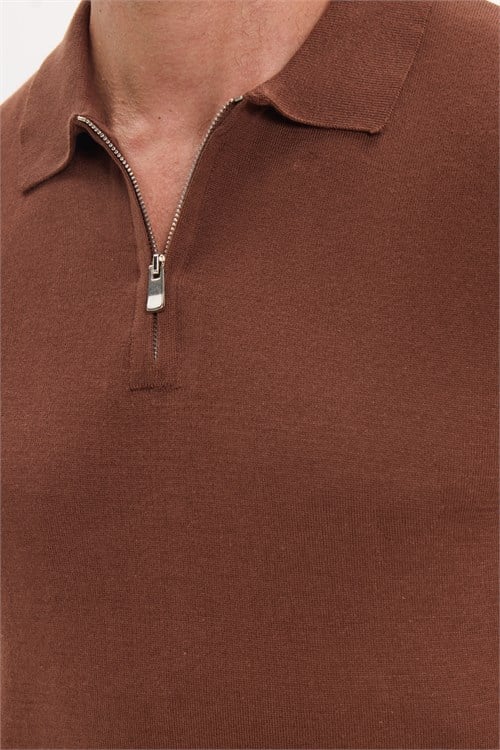 Erkek Slim Fit Dar Kesim %100 Pamuk Örme Triko Fermuarlı Kahverengi Polo Yaka Tişört