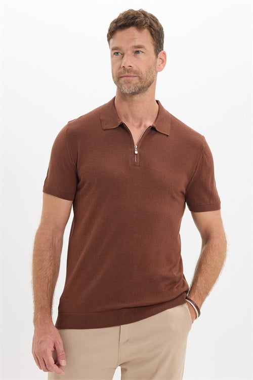 Erkek Slim Fit Dar Kesim %100 Pamuk Örme Triko Fermuarlı Kahverengi Polo Yaka Tişört