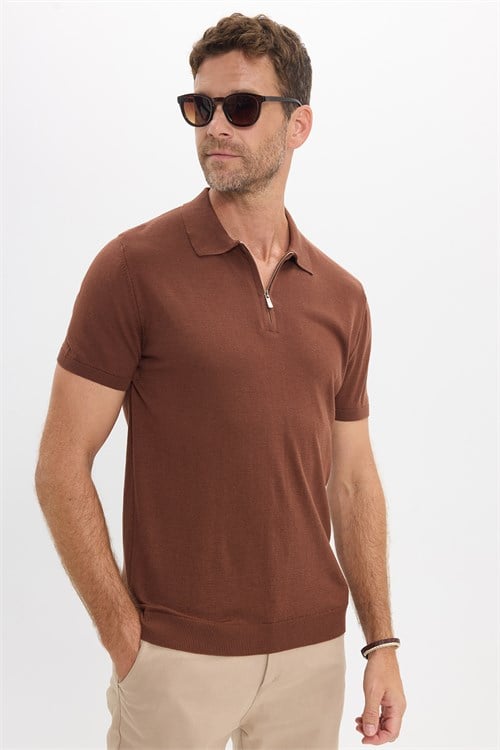 Erkek Slim Fit Dar Kesim %100 Pamuk Örme Triko Fermuarlı Kahverengi Polo Yaka Tişört