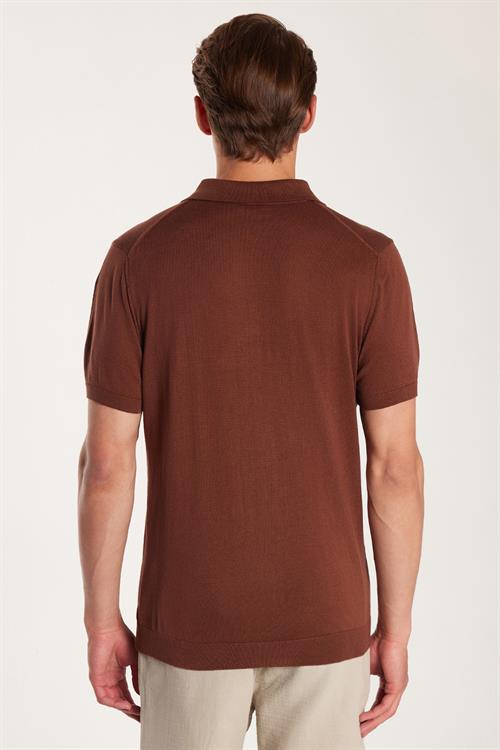 Erkek Slim Fit Dar Kesim %100 Pamuk Örme Triko Fermuarlı Kahverengi Polo Yaka Tişört