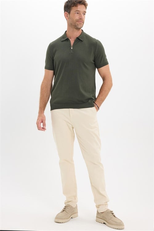 Erkek Slim Fit Dar Kesim %100 Pamuk Örme Triko Fermuarlı Haki Polo Yaka Tişört