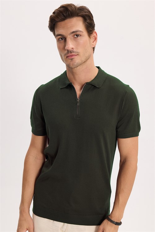 Erkek Slim Fit Dar Kesim %100 Pamuk Örme Triko Fermuarlı Haki Polo Yaka Tişört