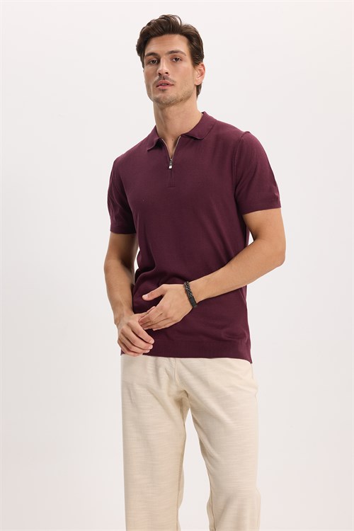 Erkek Slim Fit Dar Kesim %100 Pamuk Örme Triko Fermuarlı Bordo Polo Yaka Tişört