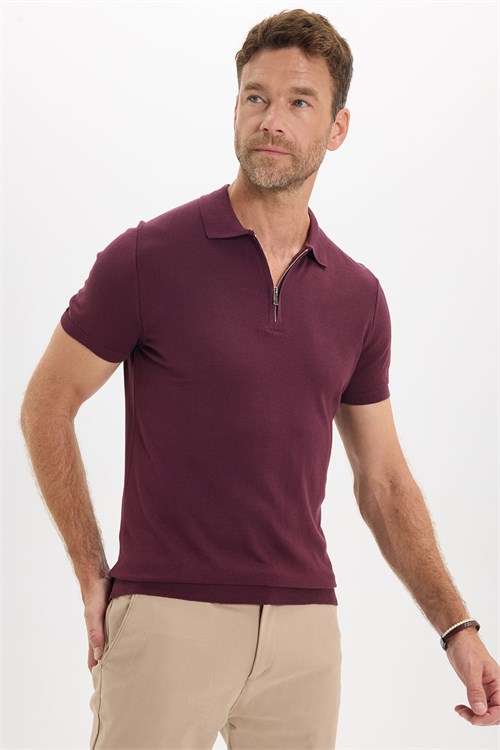 Erkek Slim Fit Dar Kesim %100 Pamuk Örme Triko Fermuarlı Bordo Polo Yaka Tişört