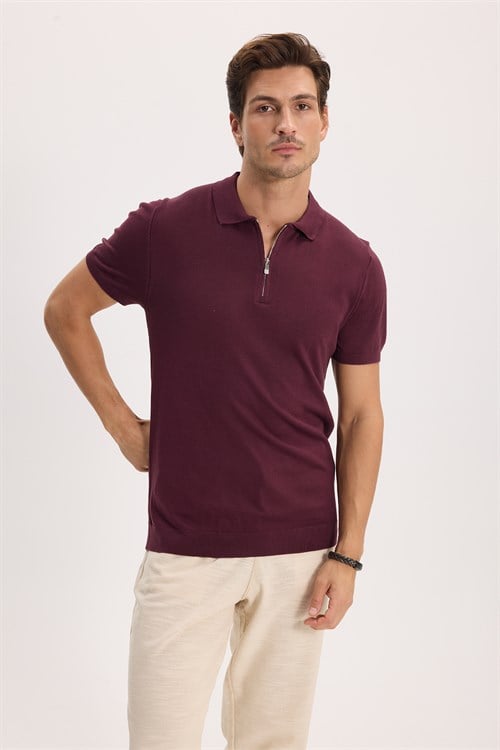 Erkek Slim Fit Dar Kesim %100 Pamuk Örme Triko Fermuarlı Bordo Polo Yaka Tişört
