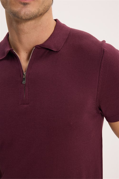 Erkek Slim Fit Dar Kesim %100 Pamuk Örme Triko Fermuarlı Bordo Polo Yaka Tişört