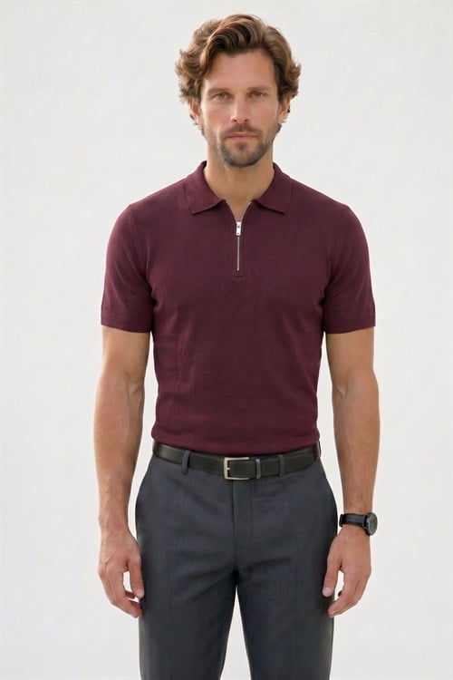 Erkek Slim Fit Dar Kesim %100 Pamuk Örme Triko Fermuarlı Bordo Polo Yaka Tişört