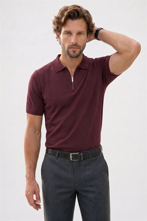 Erkek Slim Fit Dar Kesim %100 Pamuk Örme Triko Fermuarlı Bordo Polo Yaka Tişört