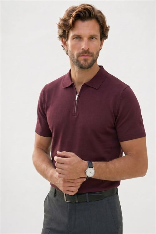 Erkek Slim Fit Dar Kesim %100 Pamuk Örme Triko Fermuarlı Bordo Polo Yaka Tişört