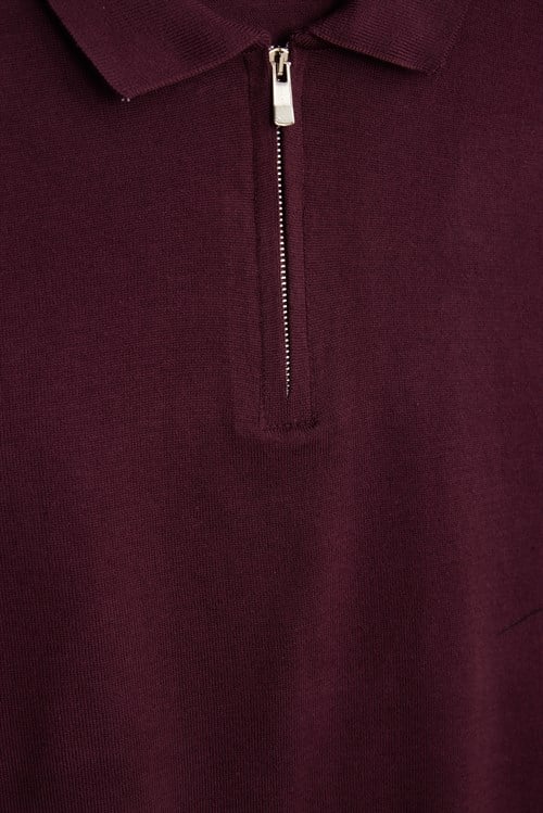 Erkek Slim Fit Dar Kesim %100 Pamuk Örme Triko Fermuarlı Bordo Polo Yaka Tişört