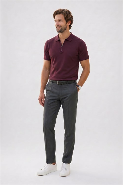 Erkek Slim Fit Dar Kesim %100 Pamuk Örme Triko Fermuarlı Bordo Polo Yaka Tişört