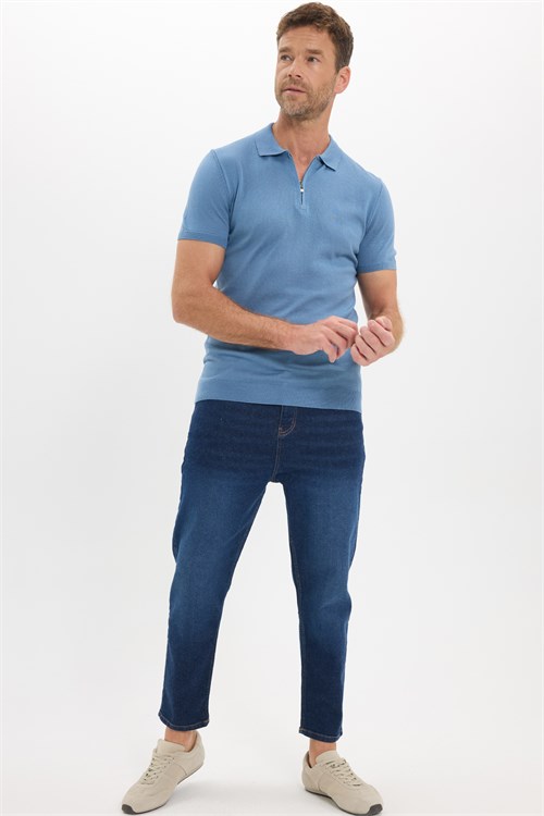 Erkek Slim Fit Dar Kesim %100 Pamuk Örme Triko Fermuarlı İndigo Polo Yaka Tişört