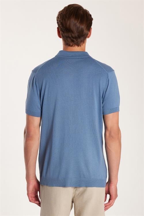 Erkek Slim Fit Dar Kesim %100 Pamuk Örme Triko Fermuarlı İndigo Polo Yaka Tişört