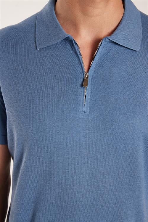 Erkek Slim Fit Dar Kesim %100 Pamuk Örme Triko Fermuarlı İndigo Polo Yaka Tişört