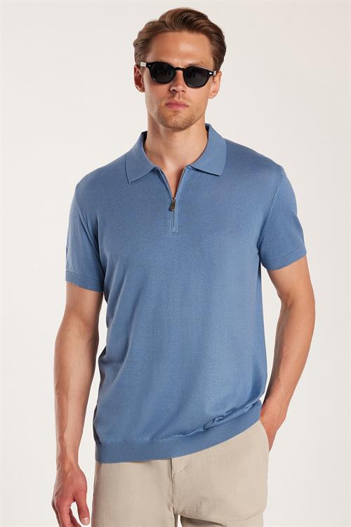 Erkek Slim Fit Dar Kesim %100 Pamuk Örme Triko Fermuarlı İndigo Polo Yaka Tişört