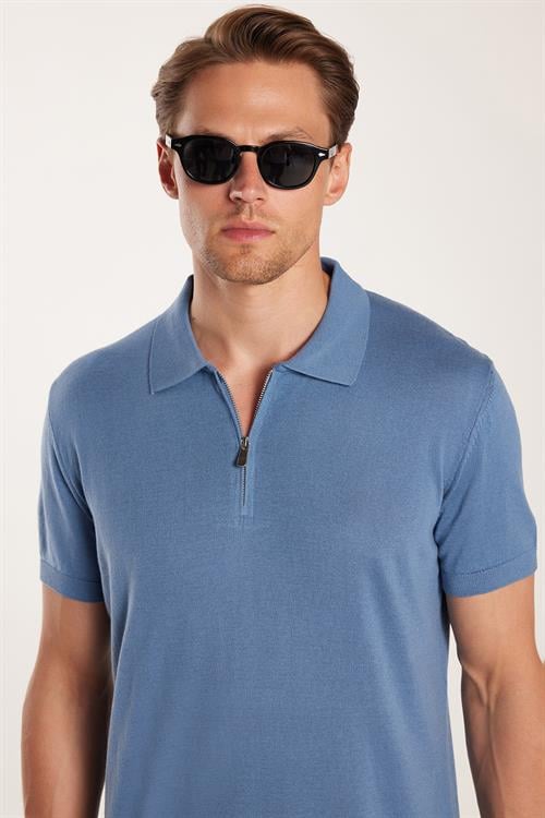 Erkek Slim Fit Dar Kesim %100 Pamuk Örme Triko Fermuarlı İndigo Polo Yaka Tişört