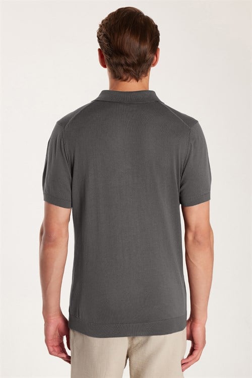 Erkek Slim Fit Dar Kesim %100 Pamuk Örme Triko Fermuarlı Füme Polo Yaka Tişört