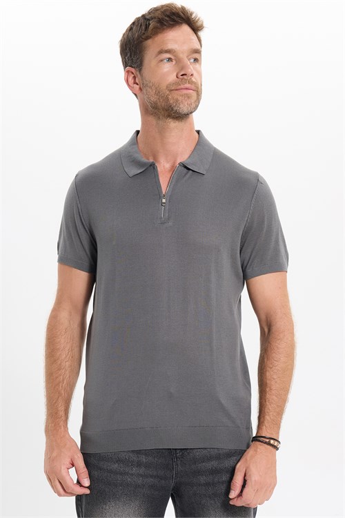 Erkek Slim Fit Dar Kesim %100 Pamuk Örme Triko Fermuarlı Füme Polo Yaka Tişört