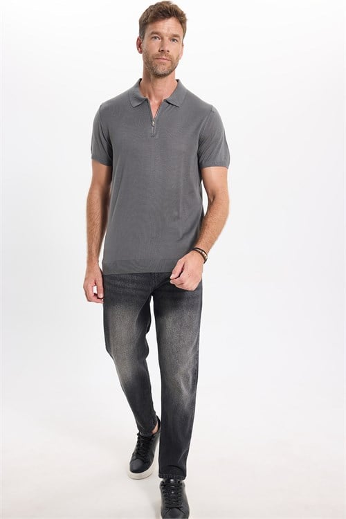 Erkek Slim Fit Dar Kesim %100 Pamuk Örme Triko Fermuarlı Füme Polo Yaka Tişört