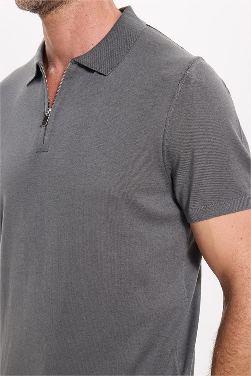 Erkek Slim Fit Dar Kesim %100 Pamuk Örme Triko Fermuarlı Füme Polo Yaka Tişört