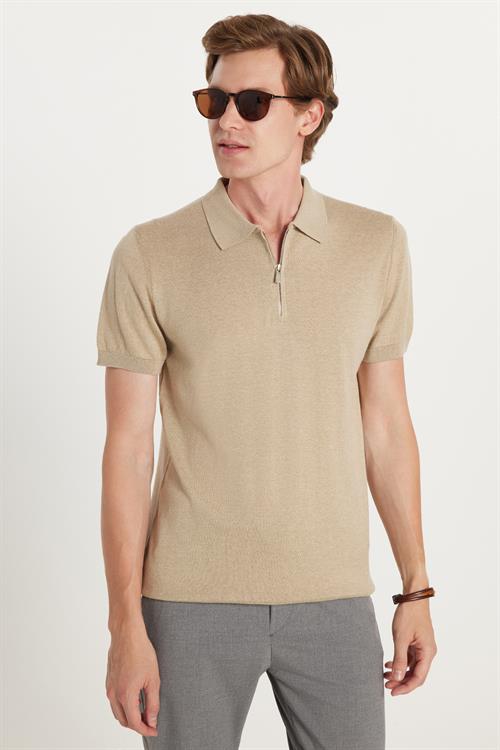 Erkek Slim Fit Dar Kesim %100 Pamuk Örme Triko Fermuarlı Vizon Polo Yaka Tişört