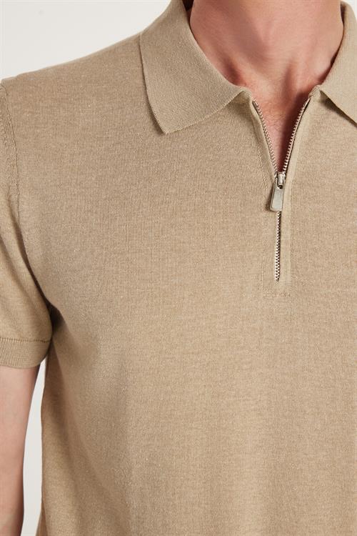 Erkek Slim Fit Dar Kesim %100 Pamuk Örme Triko Fermuarlı Vizon Polo Yaka Tişört