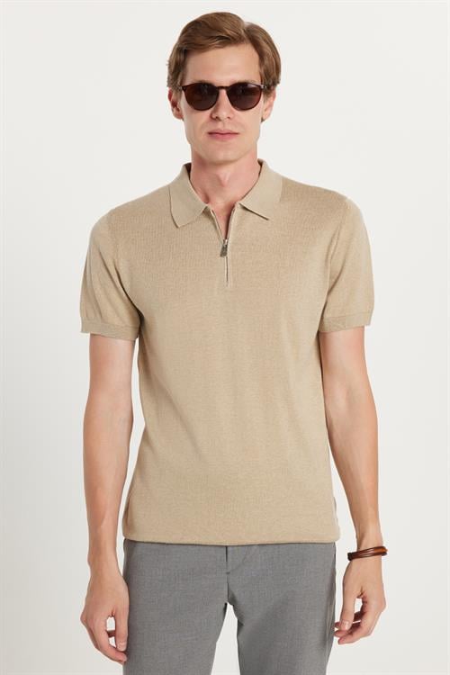 Erkek Slim Fit Dar Kesim %100 Pamuk Örme Triko Fermuarlı Vizon Polo Yaka Tişört