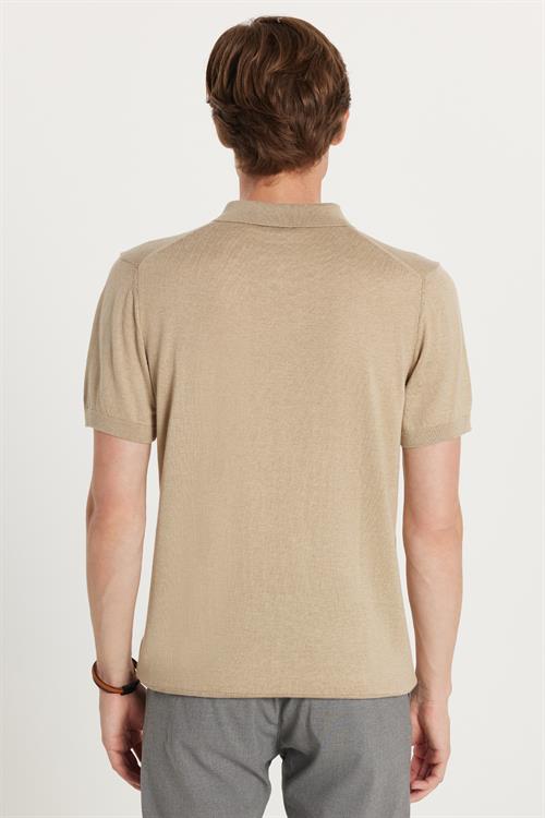 Erkek Slim Fit Dar Kesim %100 Pamuk Örme Triko Fermuarlı Vizon Polo Yaka Tişört