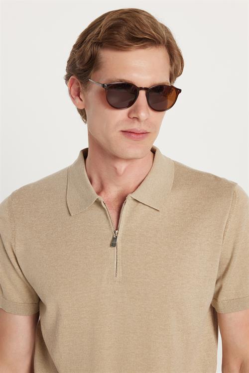 Erkek Slim Fit Dar Kesim %100 Pamuk Örme Triko Fermuarlı Vizon Polo Yaka Tişört